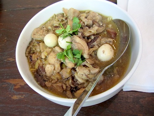 chicken Singapore hokkien chicken. Those are quail eggs in it.