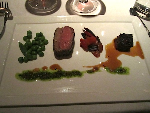 lamb By this point, I was too full to eat any more. But this course is Border Springs lamb loin and neck served with peas, carrots, mint pesto and lamb bacon. It was paired with Domaine Jerome Gradassi Chateauneuf du Pape, 2006. (I was able to get the wine down!)