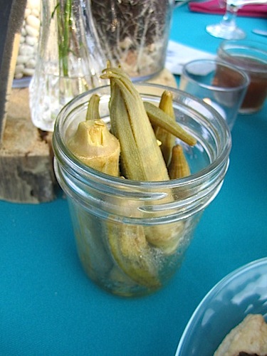 pickled-okra I was delighted to see the little jars of pickled okra scattered around the table. Love, love okra!
