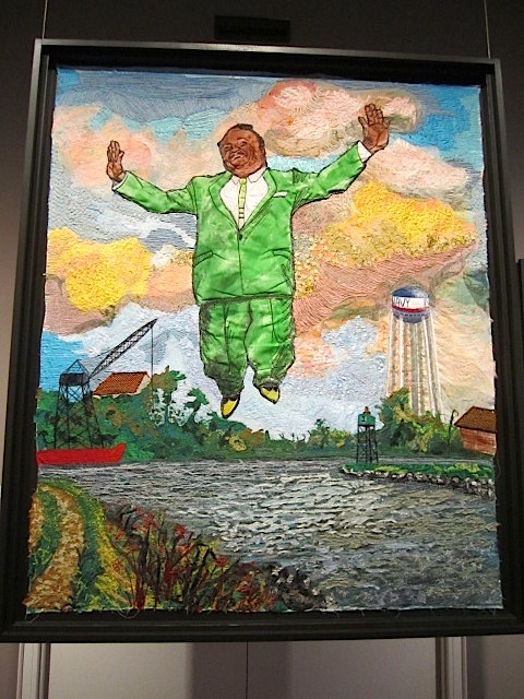 She called this one, "Fats Got Out!" She created it after the rumors that musician Fats Domino was stuck in his Ninth Ward home when Hurricane Katrina hit. He actually escaped.