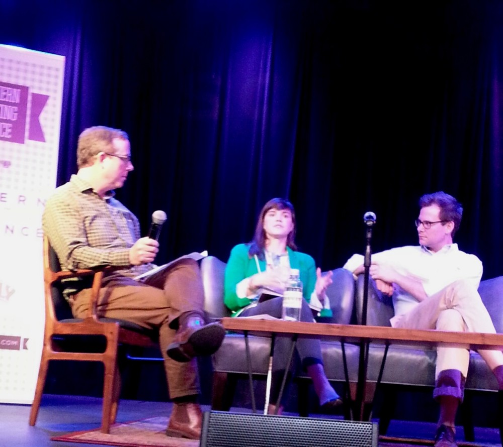 John T. Edge, left, interviewing Jessica Mischner of "Garden & Gun" and Hunter Lewis of "Southern Living."