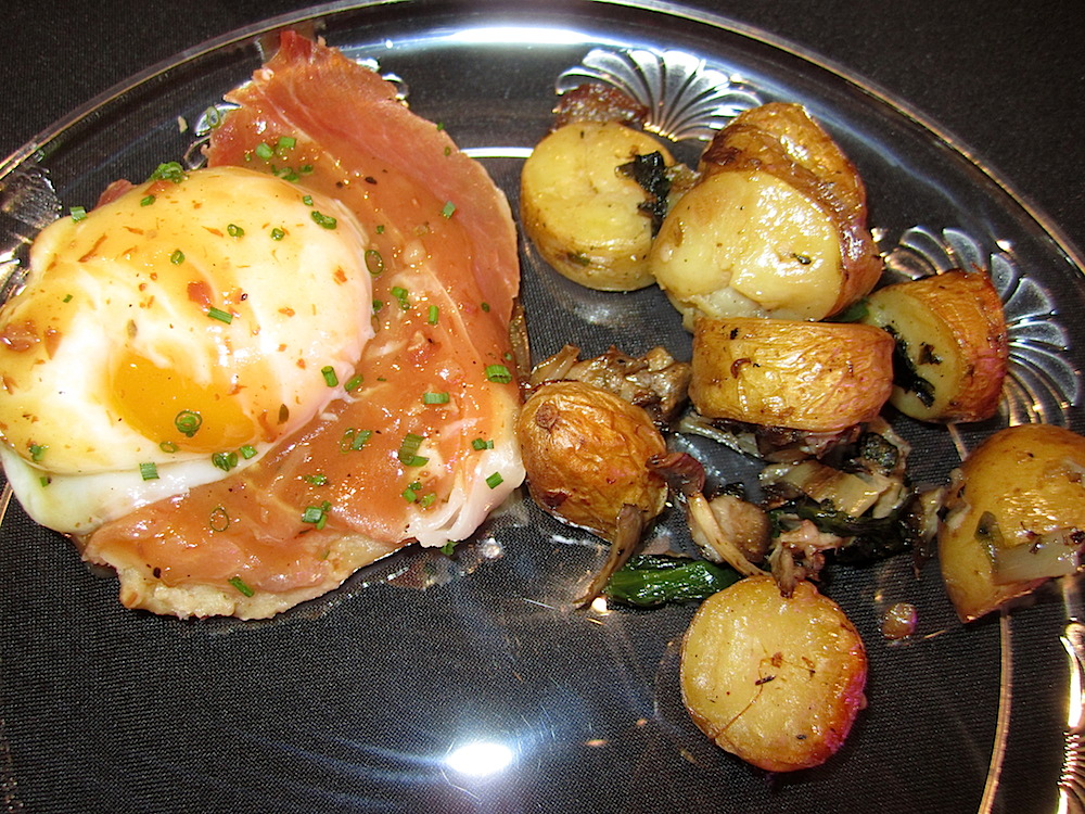 Yes, we ate it! Country ham with a poached egg on a half biscuit and breakfast potatoes.
