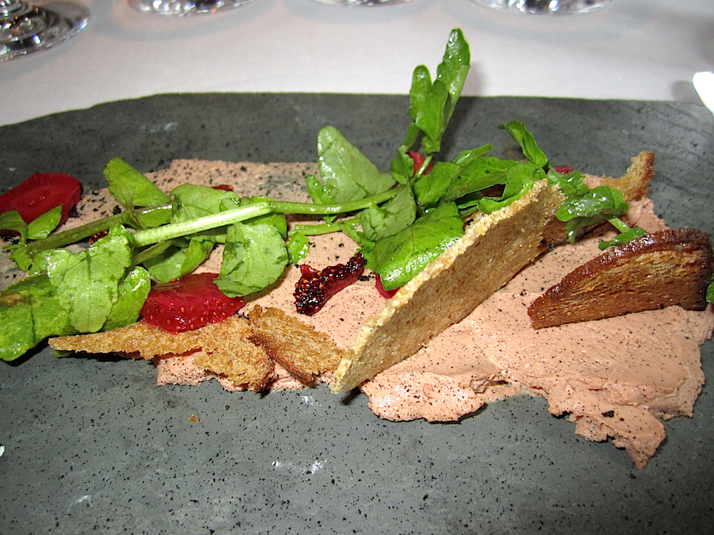 Chicken liver pate with strawberries, watercress and rye toast. So Southern. Paired with a 2013 Niepoort Docil vinoh verde.