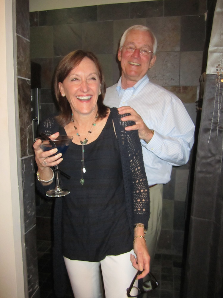 Tim took us on a tour. Here are Robin and Chris drinking martinis in Tim's shower!