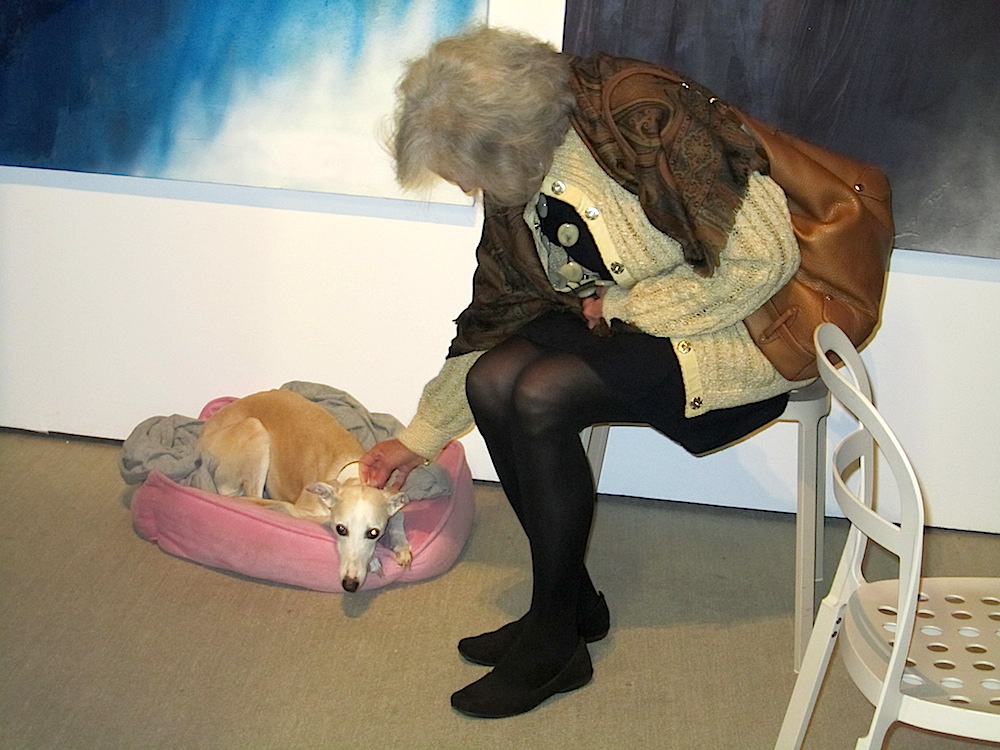 Florence Johnston made friends with Millie the Whippet at the Devin Borden Gallery.