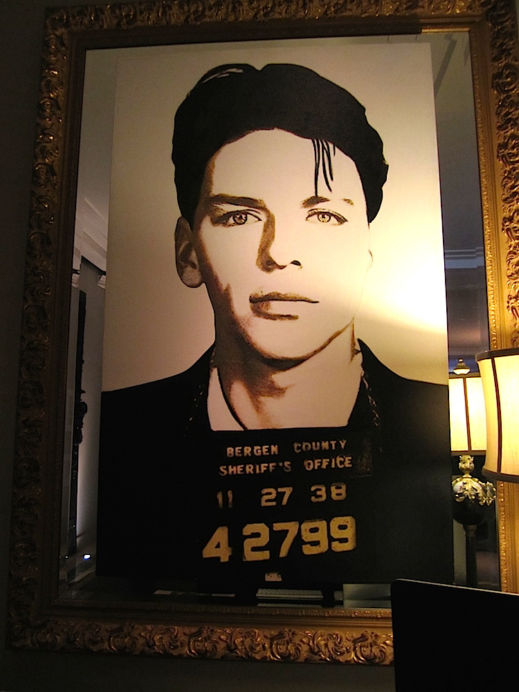 Prominently displayed in the hotel lobby was this mugshot of Frank Sinatra made in 1938 after his arrest in New Jersey on charges of adultery and seduction. Seems he had an affair with a married woman, which was illegal at the time.