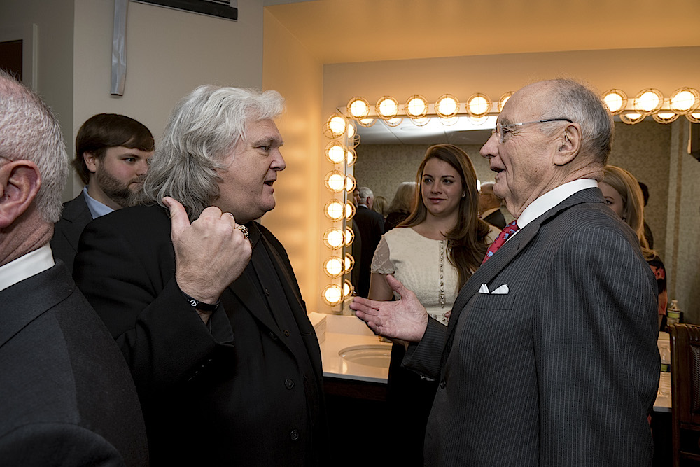 Entertainer Ricky Skaggs, left, greeting the governor's father, Jim Haslam, back stage at the legendary Ryman Auditorium.