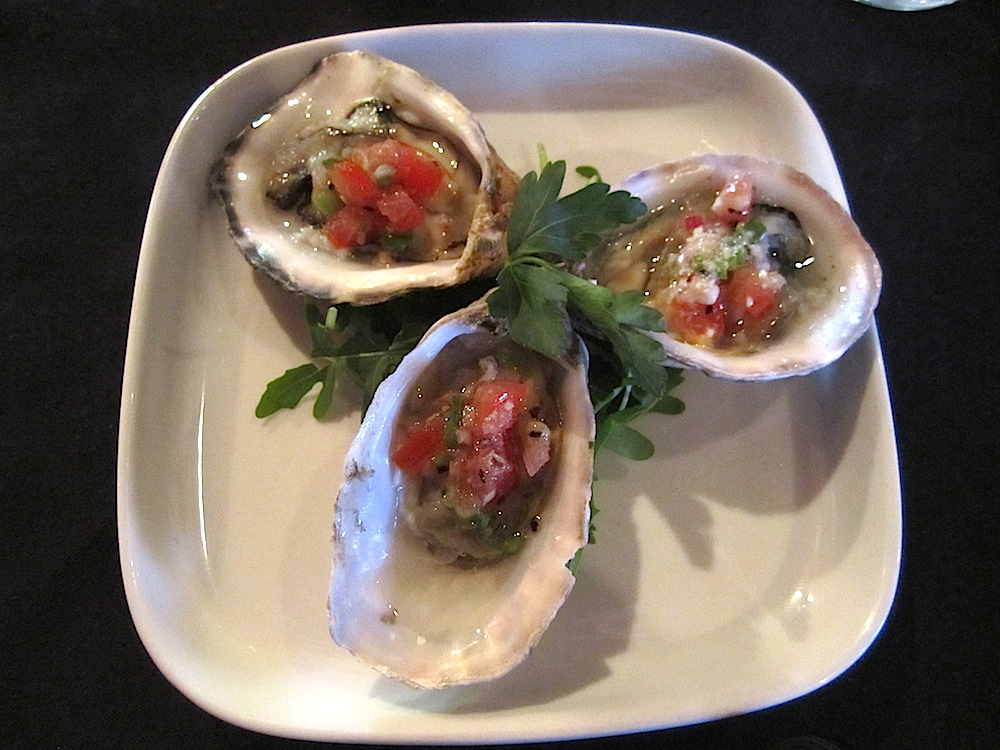 "Left Coast Oysters" on the half shell with tomatoes and horseradish were briny and cold. Again, the sparkling pinot grigio was a great foil.