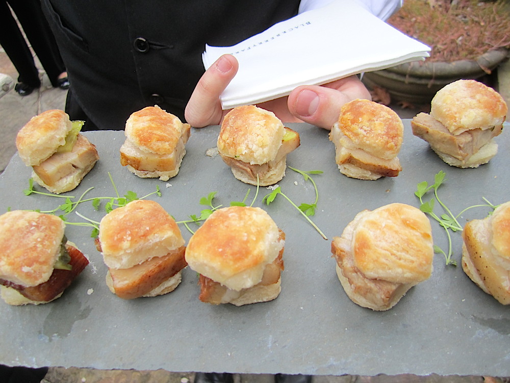 A Blackberry trade mark: little pork belly biscuits with pickles.