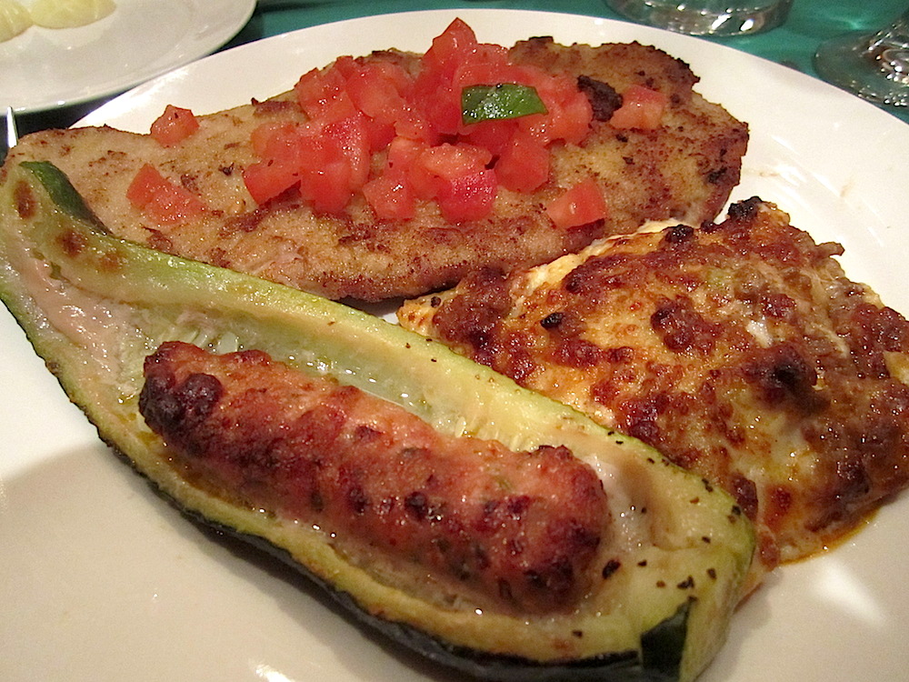 Here's my plate: clockwise from front, stuffed zucchini, stuffed veal Milanese, and the lightest, most delicious lasagna I've ever put in my mouth.