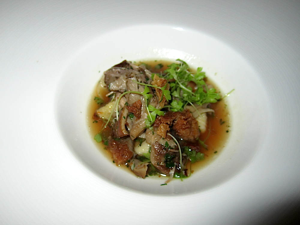 The terrific second course was guinea confit with potato gnocchi and forest mushrooms -- a Blackberry version of chicken and dumplings. It was served with a 2012 Ca' Nani pinot noir from Sonoma Coast. Another great pairing.