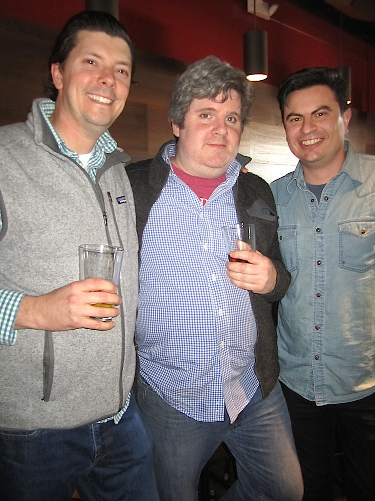 At party called "Cheers & Beers!" celebrating Chef Joseph Lenn's 10 years at Blackberry Farm. From left, Chef Lenn; another Blackberry alum who is opening a restaurant across the street from 3 Rivers Market; and Matt Gallaher, chef owner of Knox Mason.