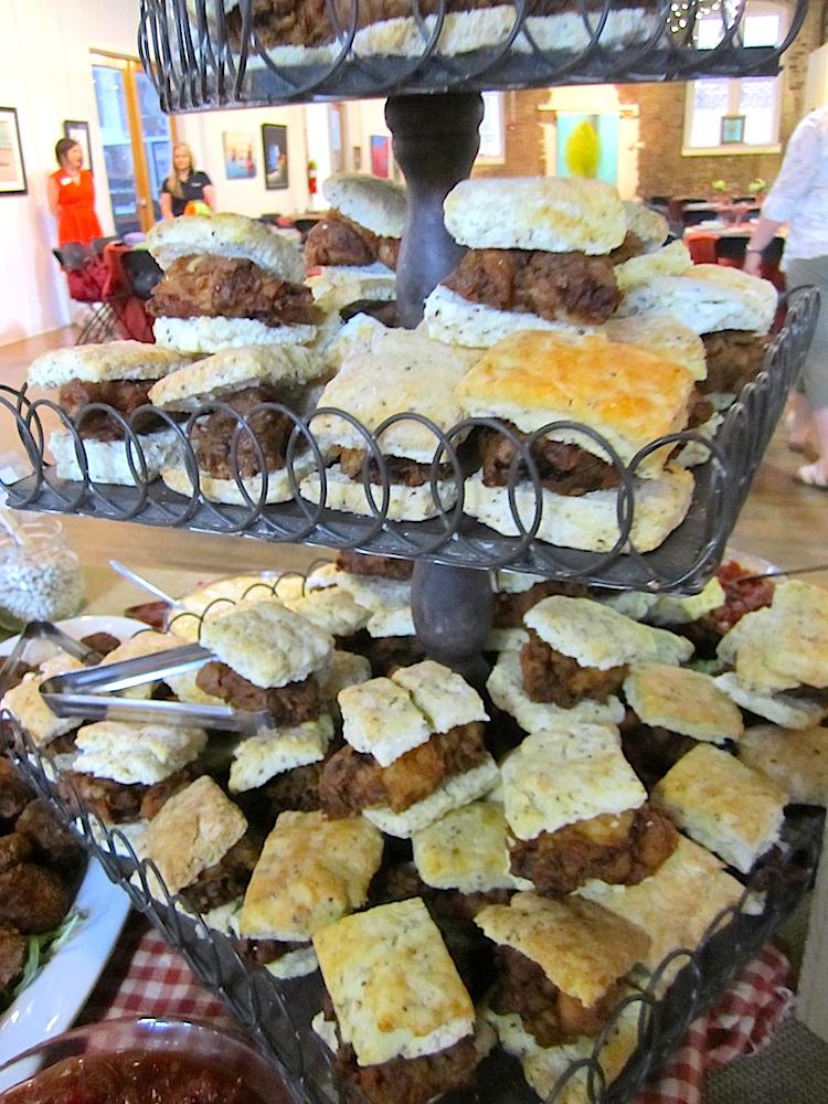 Fried chicken on black pepper biscuits with tomato jam.