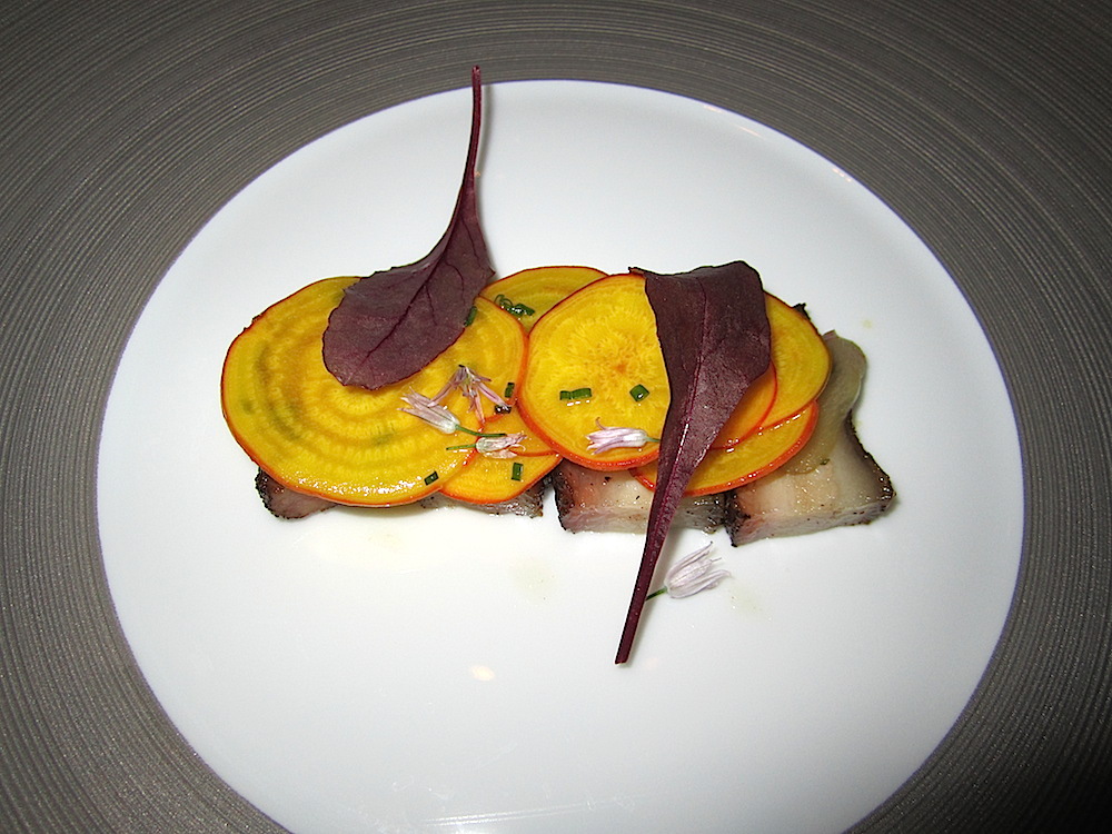 Sam described the smoked pork jowl with pickled rhubarb and beets as "glorified bacon." It was paired with a 2014 Red Car rose of pinot noir from Sonoma Coast.