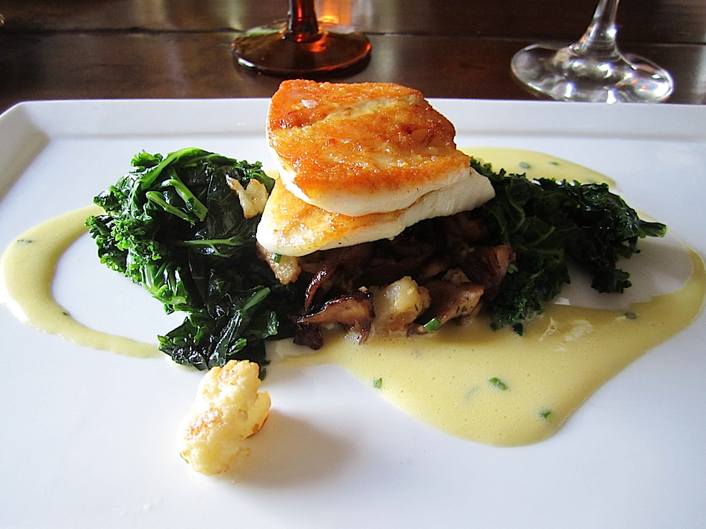 Second course was brown butter basted Atlantic turbot with cauliflower, forest mushrooms, sauteed greens and ramp Bearnaise sauce.