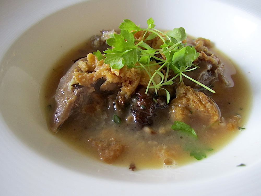 But when they did come into the dining room, they were bowled over by the first course. Blackberry's take on chicken and dumplings, it was guinea hen confit, potato gnocchi and oyster mushrooms. And it was delicious.