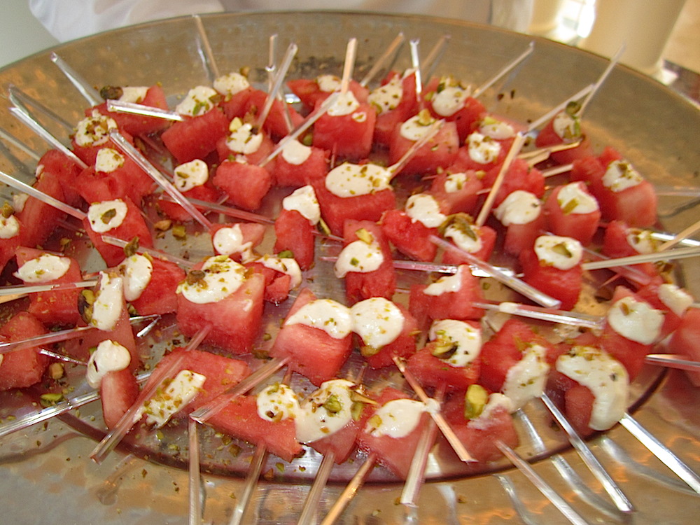 Watermelon bites with feta mousse were passed.