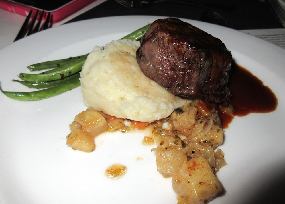 The entree was hickory grilled filet mignon, Sweet Grass Dairy Asher blue whipped potatoes, roasted root vegetables and a raspberry balsamic demi glaze. It was paired with a 2012 Robert Mondavi Oakville cabernet sauvignon.