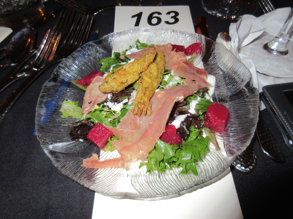 This fall salad contained apples, Noble Springs goat cheese, pickled okra croutons, Benton's country ham and red eye vinaigrette over baby lettuces. It was paired with a 2014 Ruffino Orvieto Classico.