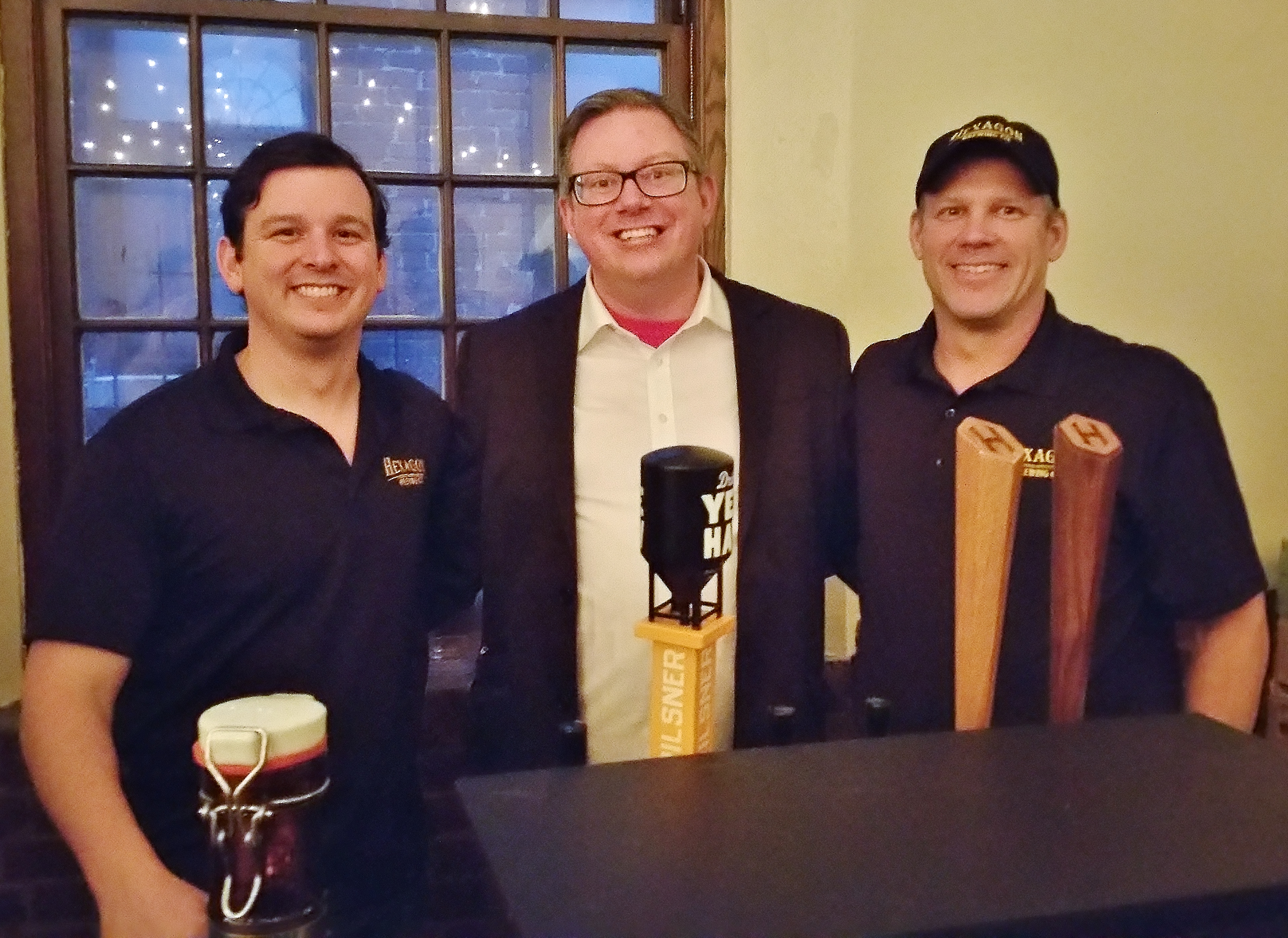 Matt McMillan. Kelly Absher and Steve Apking. Steve is the owner of Hexagon Brewing Co.