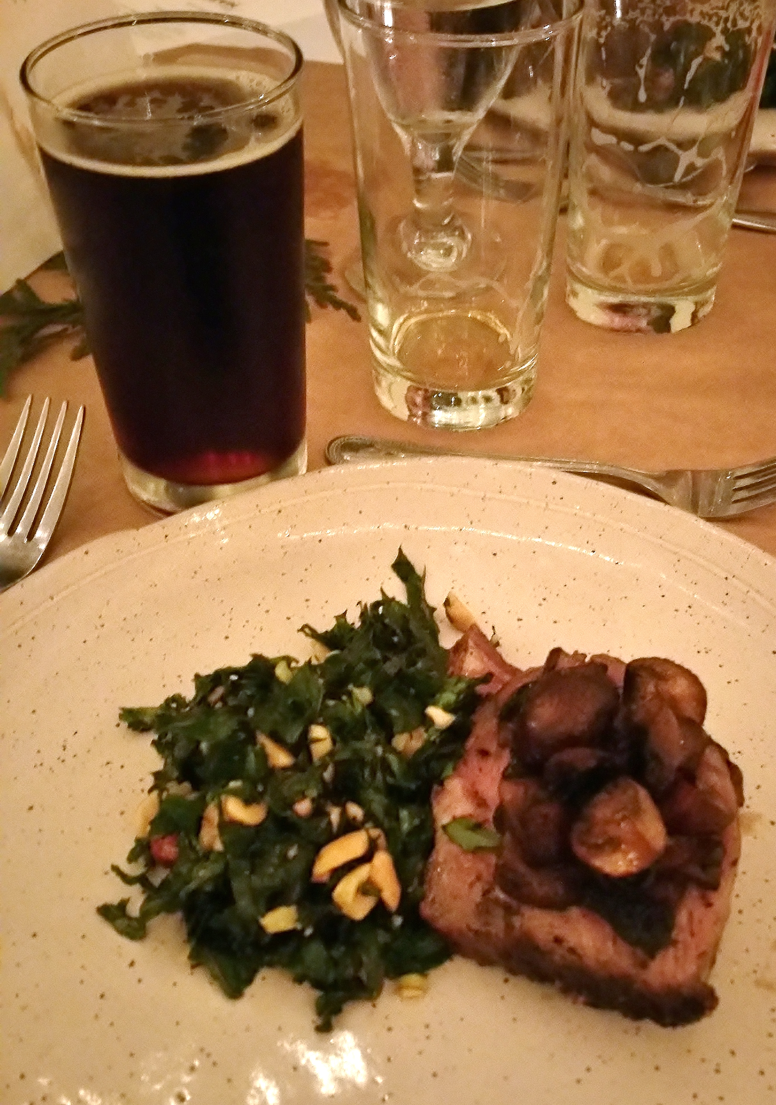 The main course was Mitchell Family Farm beef ribeye with Loudon Co. mushroom gratin, red Russian kale, Sequatchie Cove Creamery Cumberland cheese and Kentucky soy sauce dressing. The pairing was Casual Pint's Dirty South Brown Ale. All the lovely dishes were provided by Leanne McQueen of McQueen Pottery.