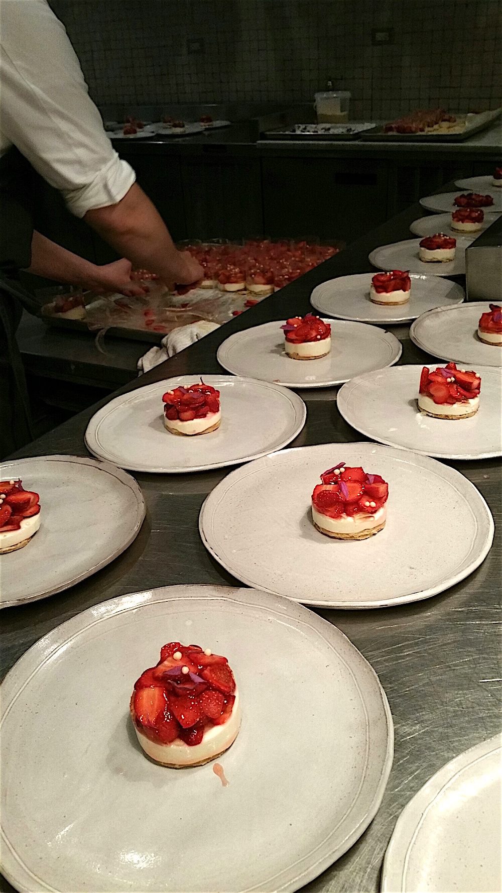 Desserts were South Carolina strawberries with sheep's milk Bavarian and pie dough.