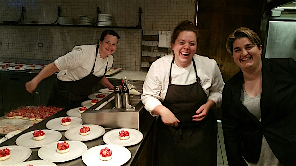 Chef Fields went to the kitchen to visit with Executive Chef Cassidee Dabney, center, and Fields' friend, pastry chef Liz Miller. "There are more people working in the kitchen to get this meal out than work in my entire restaurant," she marveled.