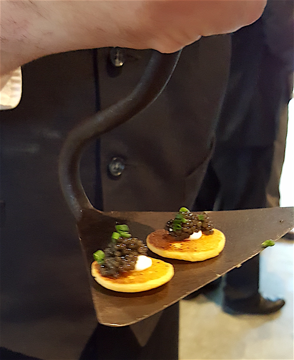 The hoecakes with American caviar on potato puree were served on actual hoes! Love!