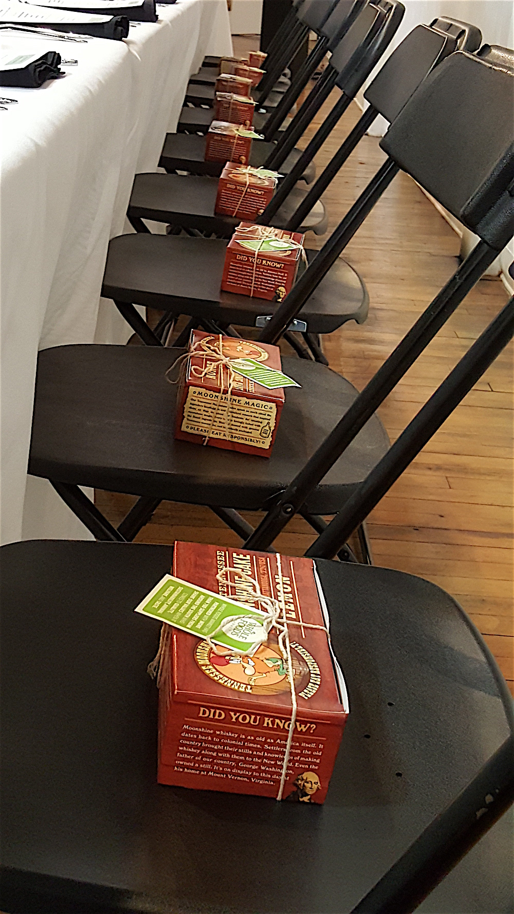 Oops. My friend Erin Donovan from Visit Knoxville was not too pleased to see this moonshine cake on everyone's seat. Why? A close look at the label revealed it was made in Chattanooga!