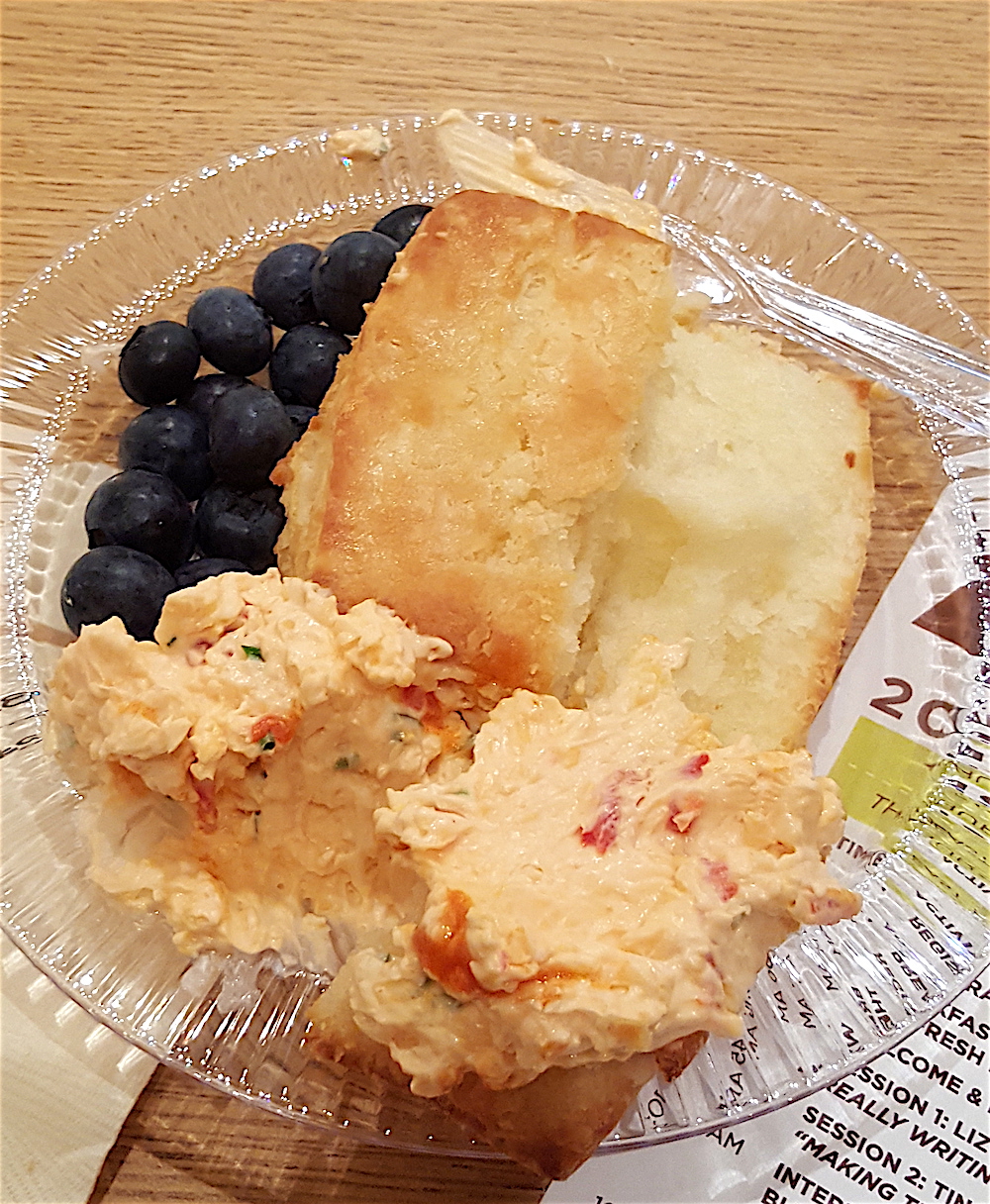 Here's how I ate mine. With pimento cheese -- and blueberries. (Hey, hubs isn't the only one on a health kick!)