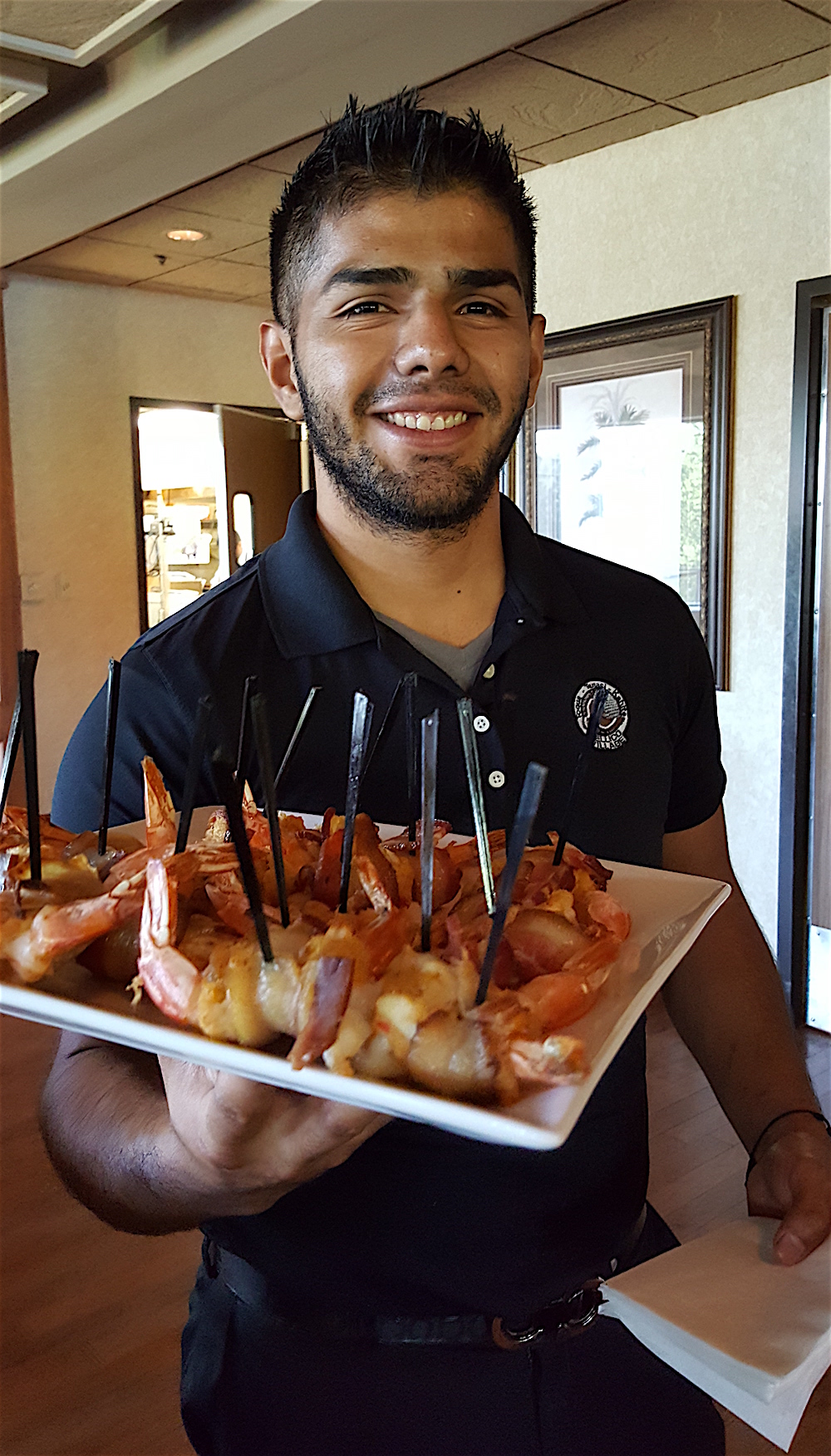 Oh, good Lord, these were tasty: stuffed prawns wrapped in smoked Benton's bacon!