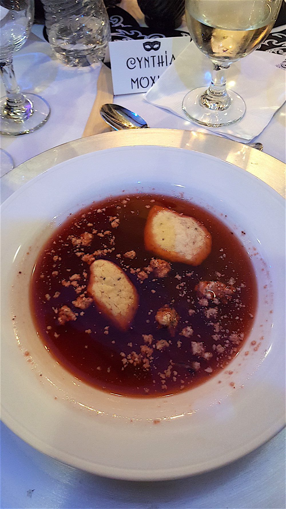 First course was a very unusual strawberry soup. It was very sweet. I think I would have liked it had it been served in demitasse cups. "A little goes a long way," agreed one of my table mates.