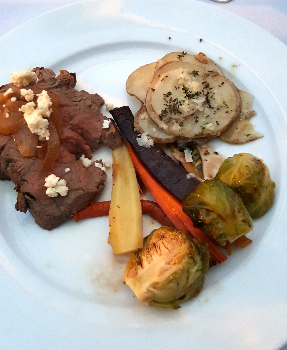 The herb roasted tenderloin with caramelized onion and blue cheese crumbles drew rave reviews. I personally loved the roasted Brussels sprouts.