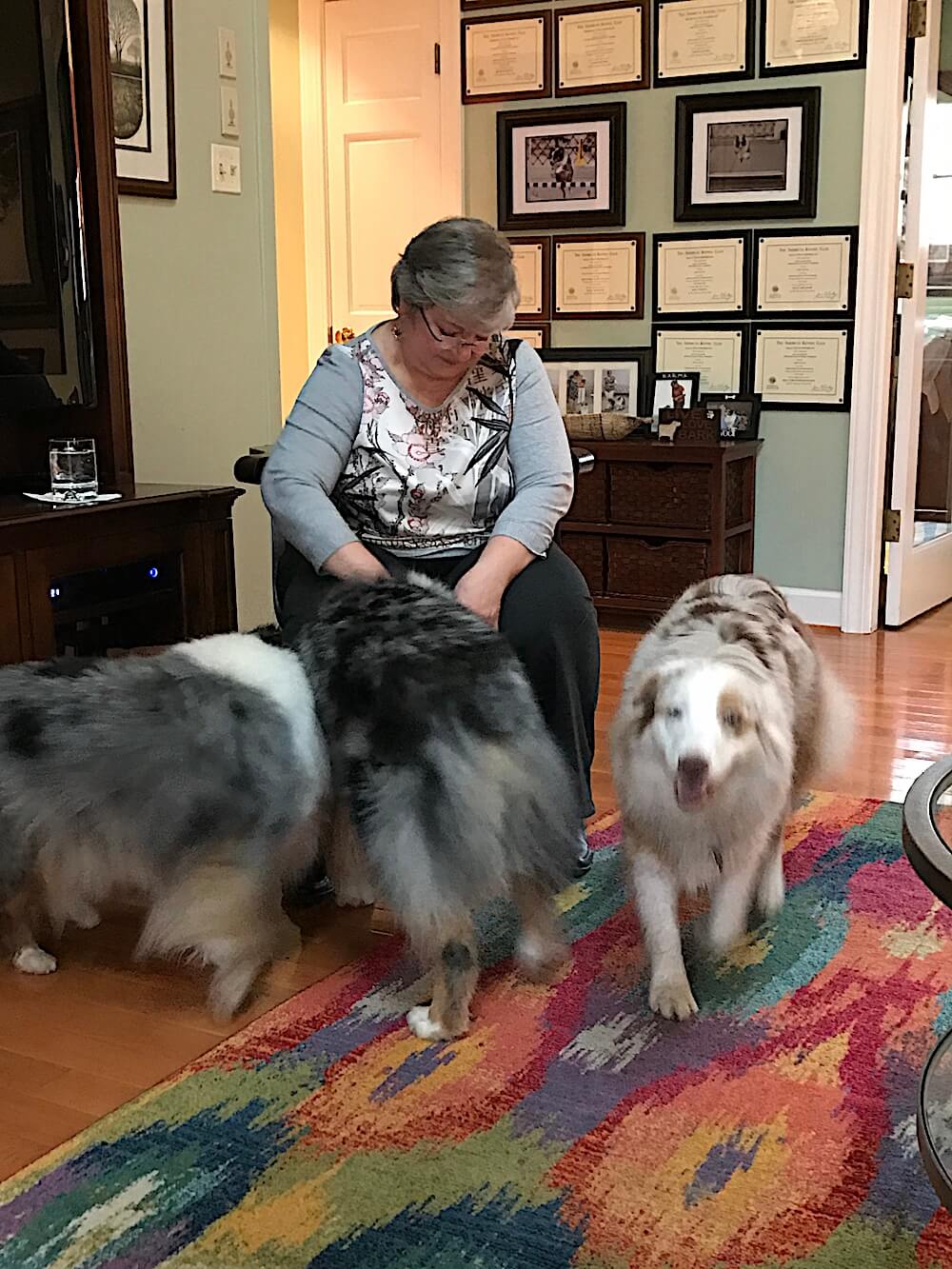 Deb with all three dogs, Jack, Karma and Luna.
