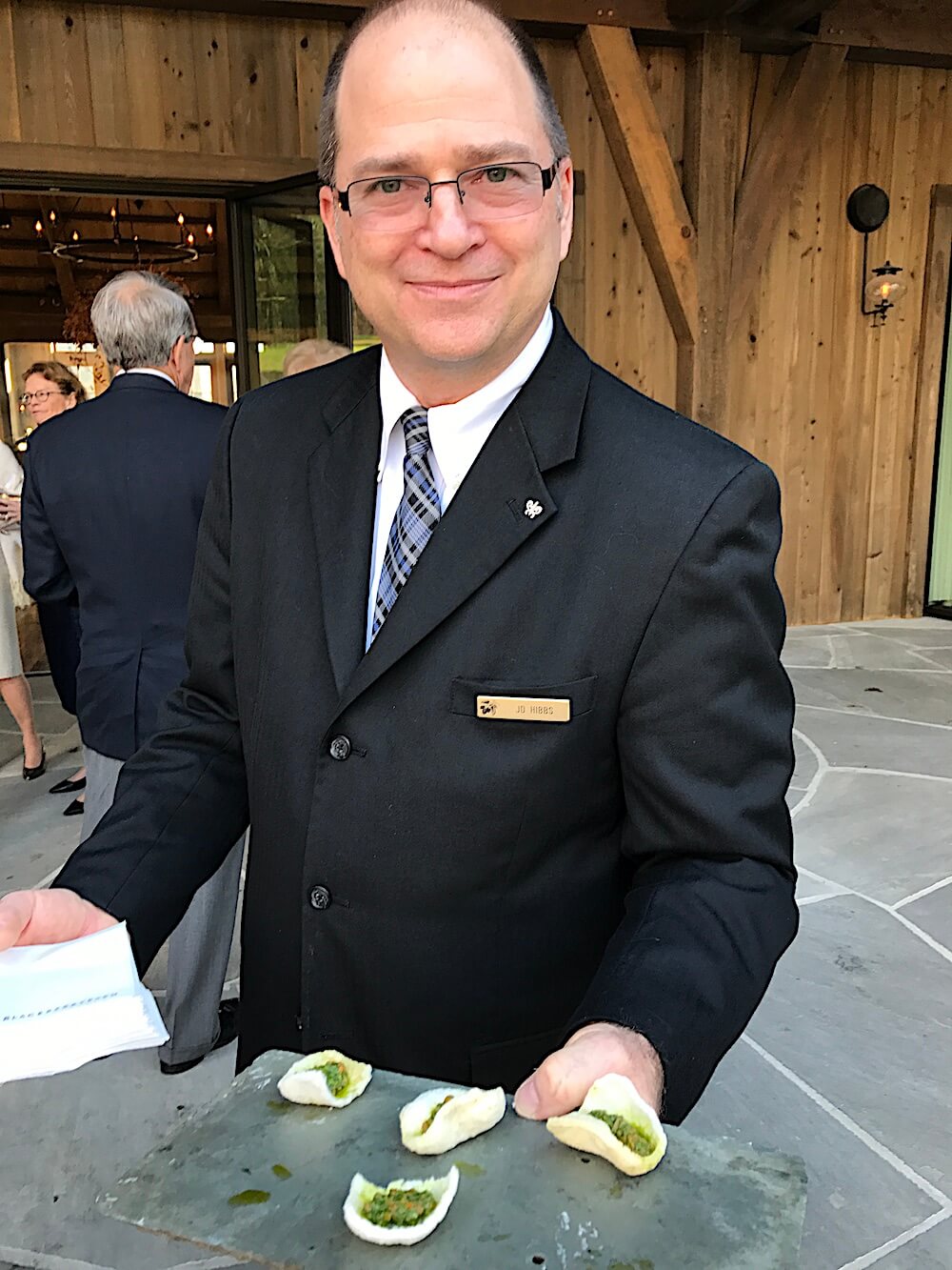 J.D. Hibbs with pesto on rice crisps.