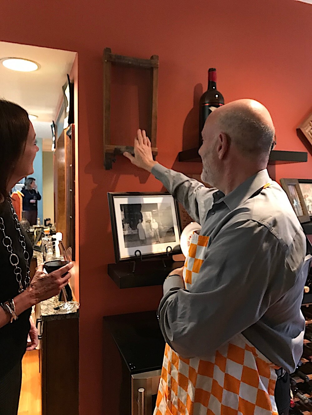 Joe DiPietro's family is from Abruzzo in southern Italy. He showed us this pasta-making instrument that belonged to his grandmother. That's Mintha Roach at left.