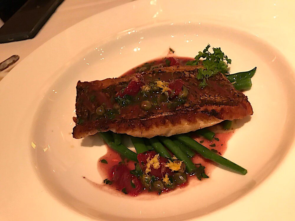 And black sea bass with blood orange, capers and haricots vert (green beans).