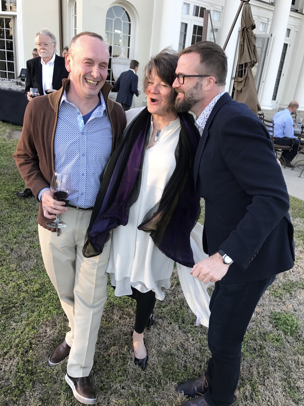 Thomas Dillon, left, and John Winemiller welcome our friend Melinda Meador, back for a visit from her new home in West Tennessee.